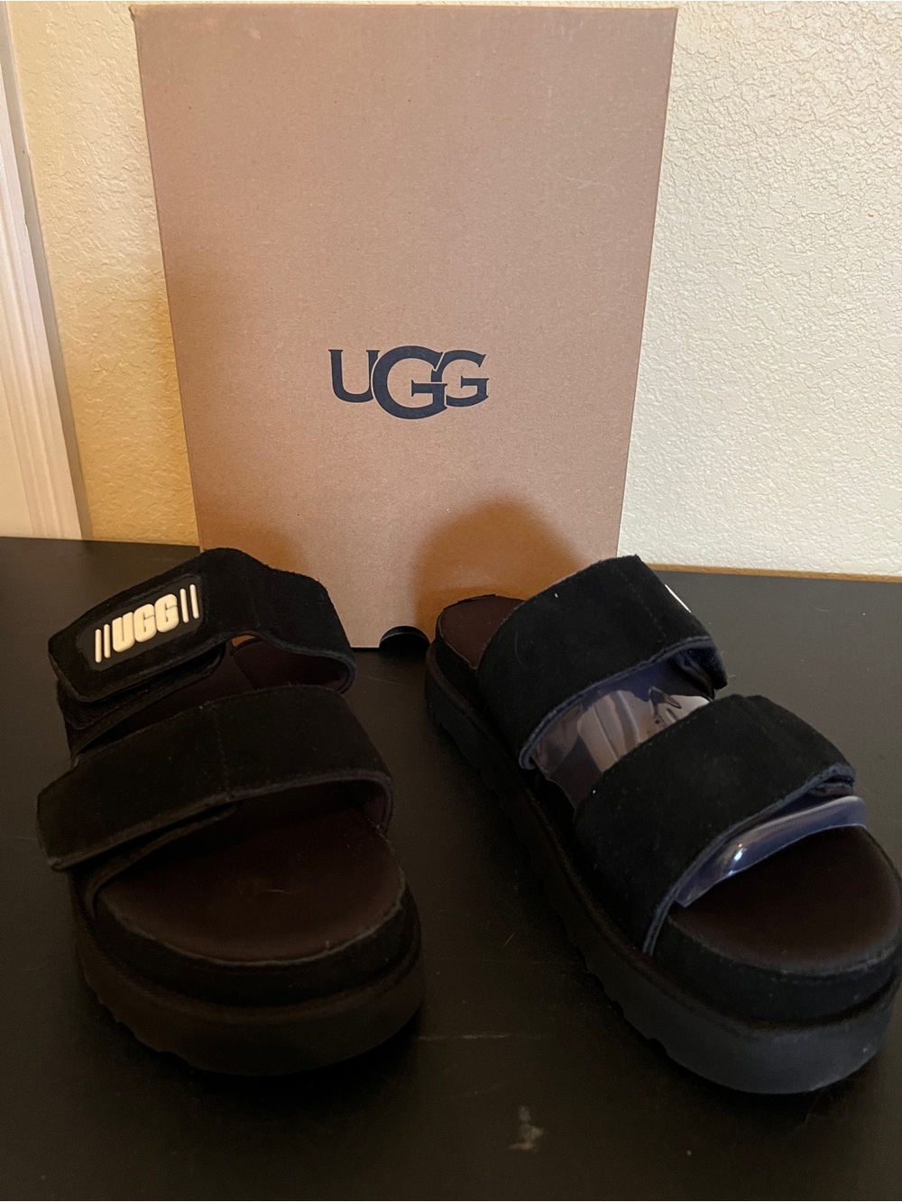 UGG Kids Black Suede Double-Strap Platform Sandals